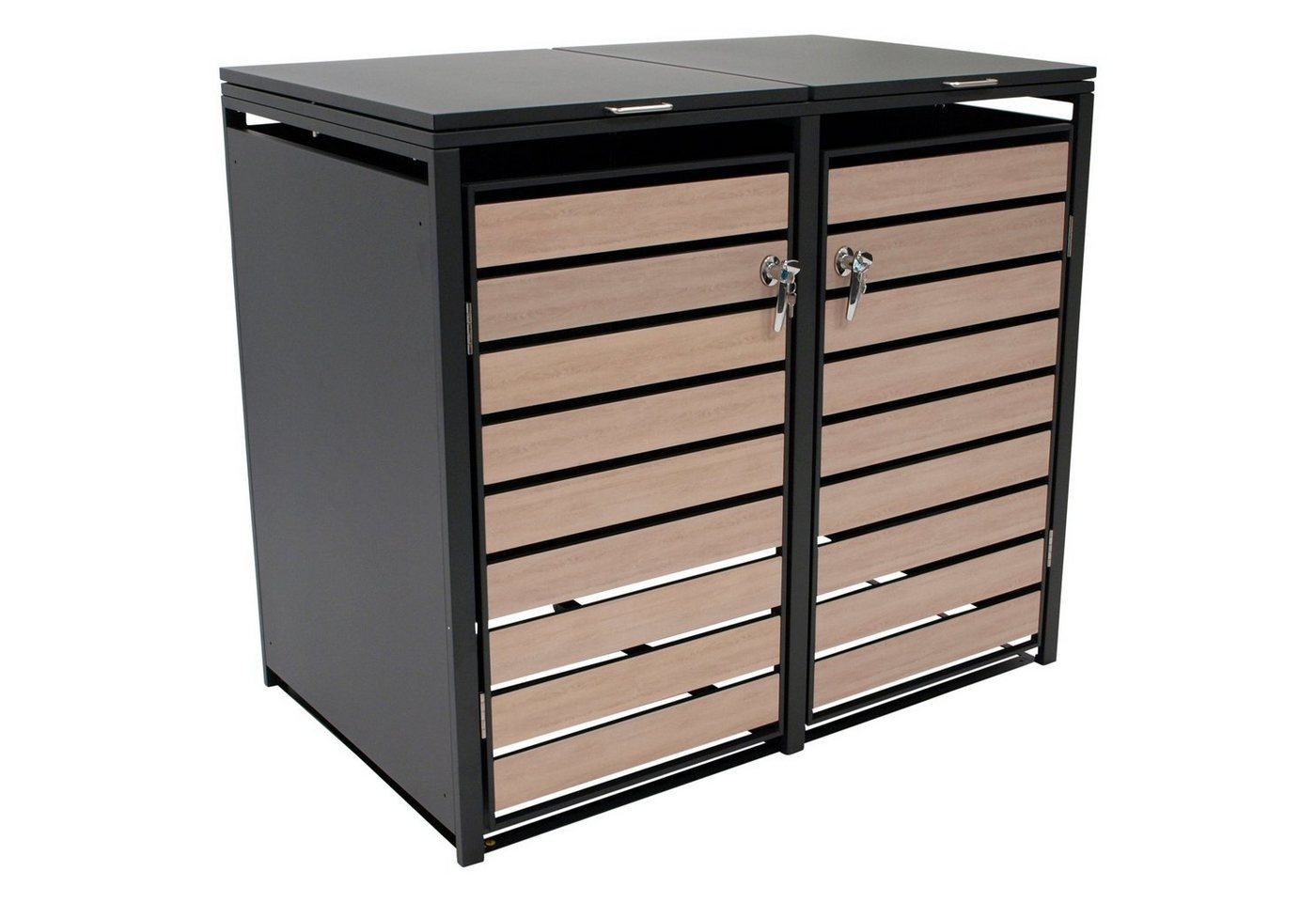 DEGAMO Mülltonnenbox BERLIN (1 St), Stahl grau, Türen in Holzoptik, für 2 Tonnen 120 oder 240 Liter von DEGAMO