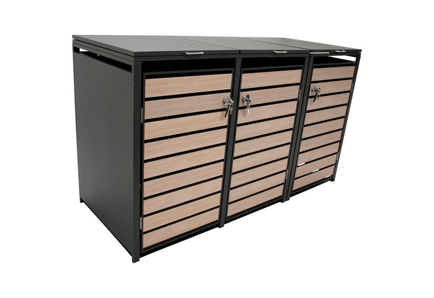 DEGAMO Mülltonnenbox BERLIN (1 St), Stahl grau, Türen in Holzoptik, für 3 Tonnen 120 oder 240 Liter von DEGAMO