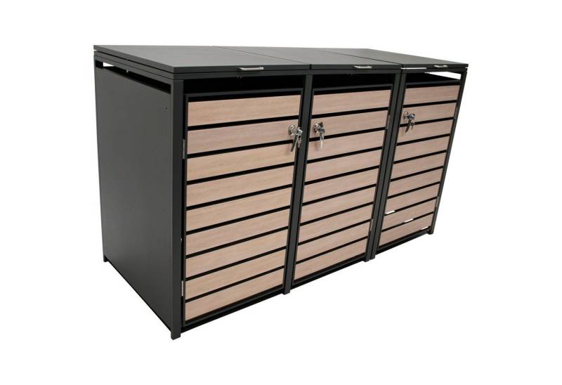 DEGAMO Mülltonnenbox BERLIN (1 St), Stahl grau, Türen in Holzoptik, für 3 Tonnen 120 oder 240 Liter von DEGAMO