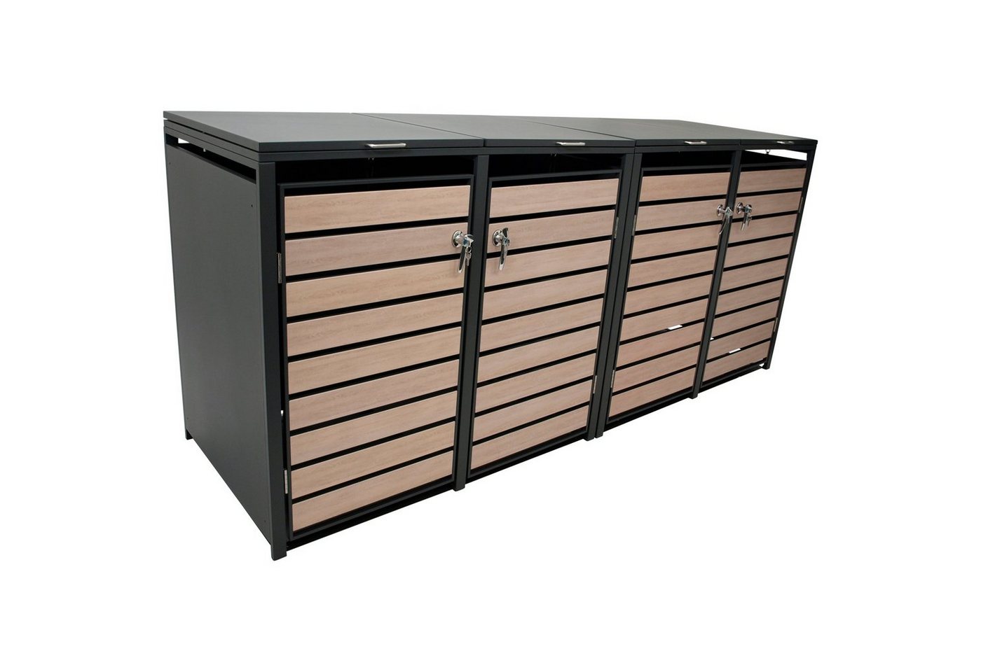 DEGAMO Mülltonnenbox BERLIN (1 St), Stahl grau, Türen in Holzoptik, für 4 Tonnen 120 oder 240 Liter von DEGAMO