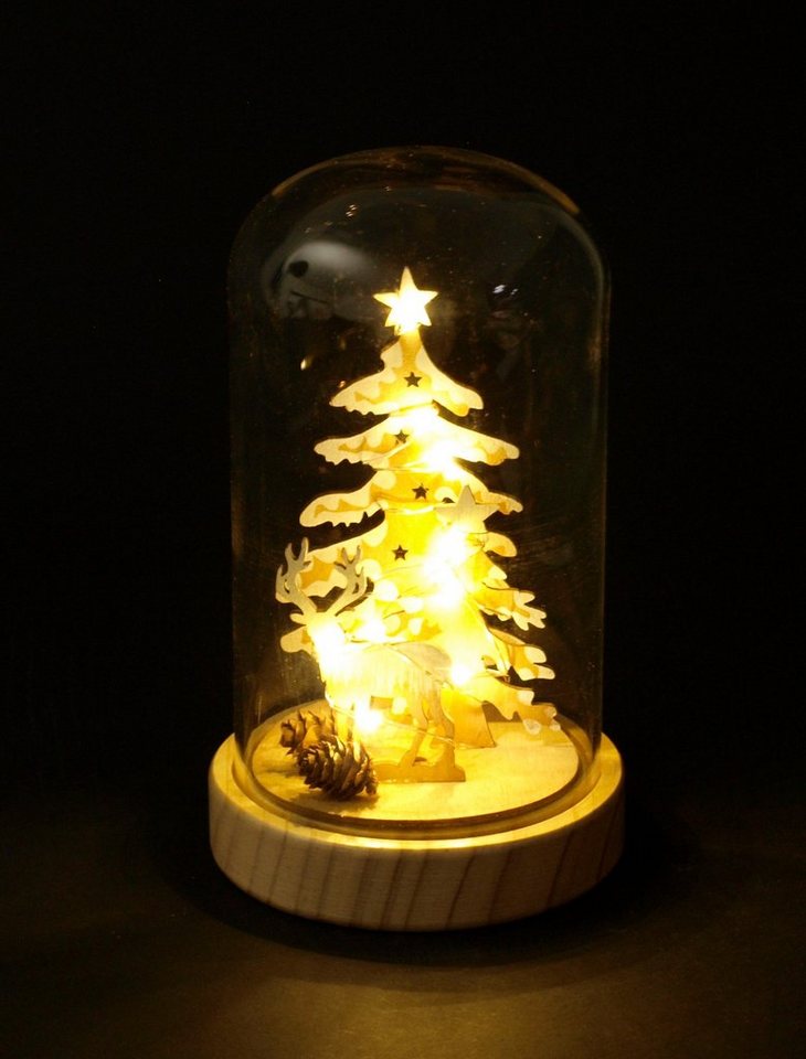 DEGAMO Weihnachtsszene Dekoglocke Motiv Bäume und Hirsch, 10 LED warmweiss, Höhe 20cm, Batterie von DEGAMO