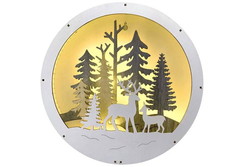 DEGAMO Weihnachtsszene Winterwald, 3D Wandbild aus Holz, rund 28,5cm, Batteriebetrieb von DEGAMO