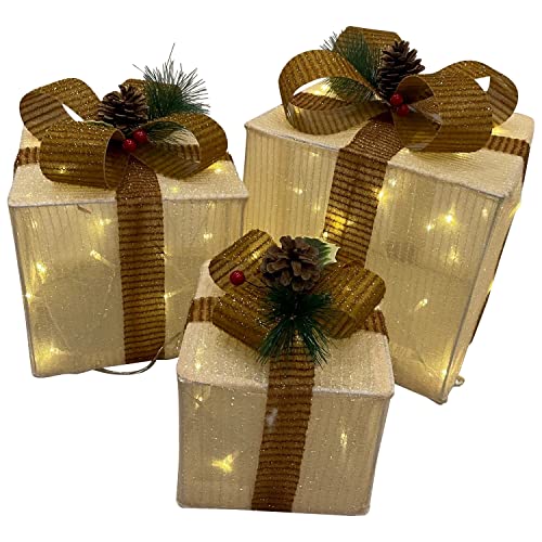 Weihnachtsdeko Päckchen 3-er Set mit 60x LED Beleuchtung, große Ausführung 25x25cm, beige mit braunen Schleifen, Innen und Außen von DEGAMO