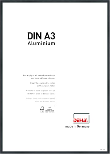 DEHA Design Bilderrahmen Tribeca, 29,7 x 42 cm (A3), Struktur Schwarz Matt, Aluminium, für Poster und Bilder, bruchsicheres Acrylglas, Hoch- und Querformat, stabile Rückwand von DEHA Design