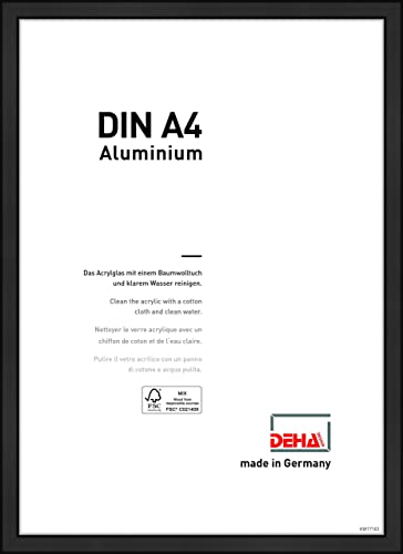 DEHA Design Bilderrahmen Boston, 21 x 29,7 cm (A4), Eloxal Schwarz Matt, Aluminium, für Poster und Bilder, bruchsicheres Acrylglas, Hoch- und Querformat, stabile Rückwand von DEHA Design