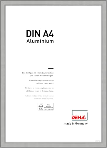 DEHA Design Bilderrahmen Boston, 21 x 29,7 cm (A4), Silber Matt, Aluminium, für Poster und Bilder, bruchsicheres Acrylglas, Hoch- und Querformat, stabile Rückwand von DEHA Design