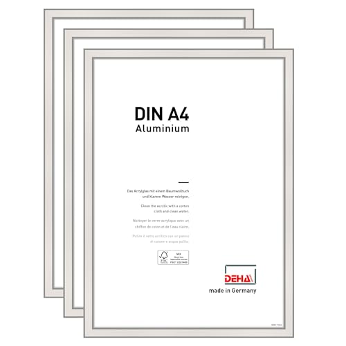 DEHA Design Bilderrahmen Boston, 21 x 29,7 cm (A4) (3er Set), Silber, Aluminium, für Poster und Bilder, bruchsicheres Acrylglas, Hoch- und Querformat, stabile Rückwand von DEHA Design