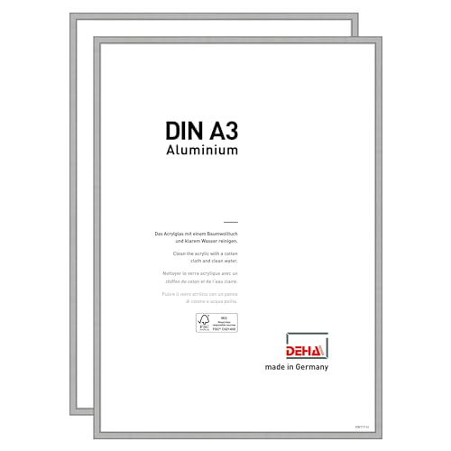 DEHA Design Bilderrahmen Boston, 29,7 x 42 cm (A3) (2er Set), Silber Matt, Aluminium, für Poster und Bilder, bruchsicheres Acrylglas, Hoch- und Querformat, stabile Rückwand von DEHA Design
