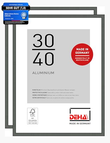DEHA Design Bilderrahmen, 30 x 40 cm (2er Set), Aluminium, Grau matt, Fotorahmen zum Aufhängen im Hoch- & Querformat, bruchsicheres Kunstglas, Boston von DEHA Design