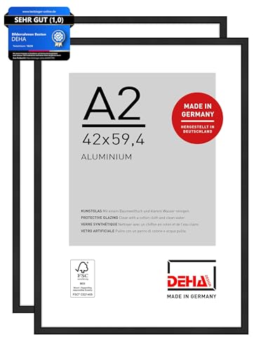 DEHA Design Bilderrahmen, 42 x 59,4 cm (A2) (2er Set), Aluminium, Schwarz matt, Posterrahmen zum Aufhängen im Hoch- & Querformat, bruchsicheres Kunstglas, Boston von DEHA Design