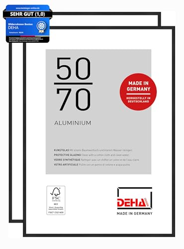 DEHA Design Bilderrahmen, 50 x 70 cm (2er Set), Aluminium, Schwarz matt, Posterrahmen zum Aufhängen im Hoch- & Querformat, bruchsicheres Kunstglas, Boston von DEHA Design