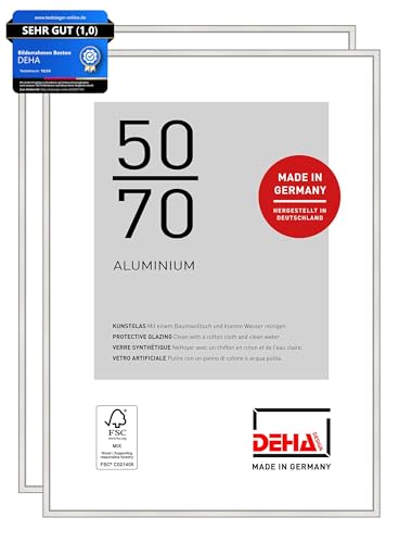 DEHA Design Bilderrahmen, 50 x 70 cm (2er Set), Aluminium, Silber glanz, Posterrahmen zum Aufhängen im Hoch- & Querformat, bruchsicheres Kunstglas, Boston von DEHA Design