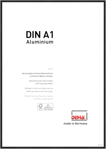 DEHA Design Bilderrahmen Boston, 59,4 x 84,1 cm (A1), Eloxal Schwarz Matt, Aluminium, für Poster und Bilder, bruchsicheres Acrylglas, Hoch- und Querformat, stabile Rückwand von DEHA Design