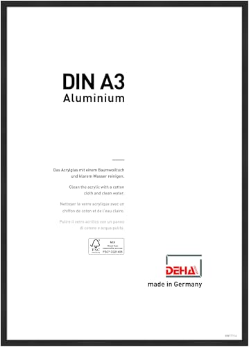 DEHA Design Bilderrahmen Boston, 29,7 x 42 cm (A3), Eloxal Schwarz Matt, Aluminium, für Poster und Bilder, bruchsicheres Acrylglas, Hoch- und Querformat, stabile Rückwand von DEHA Design