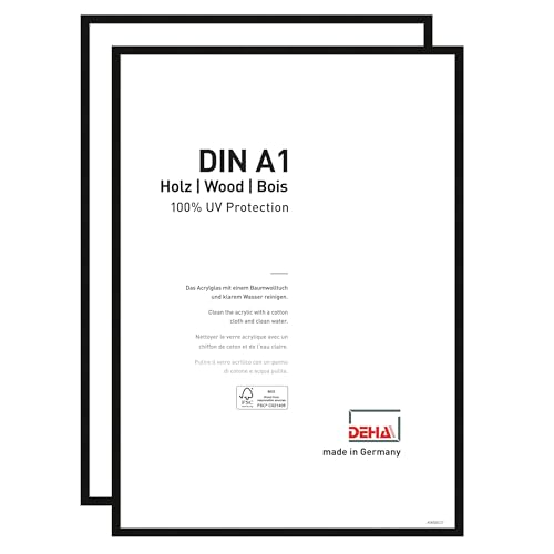 DEHA Design Bilderrahmen Fontana, 42 x 59,4 cm (A2) (2er Set), Schwarz, Holz, für Poster und Bilder, bruchsicheres Acrylglas, Hoch- und Querformat, stabile Rückwand von DEHA Design