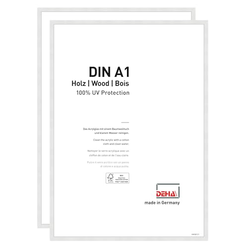 DEHA Design Bilderrahmen Fontana, 42 x 59,4 cm (A2) (2er Set), Weiß, Holz, für Poster und Bilder, bruchsicheres Acrylglas, Hoch- und Querformat, stabile Rückwand von DEHA Design