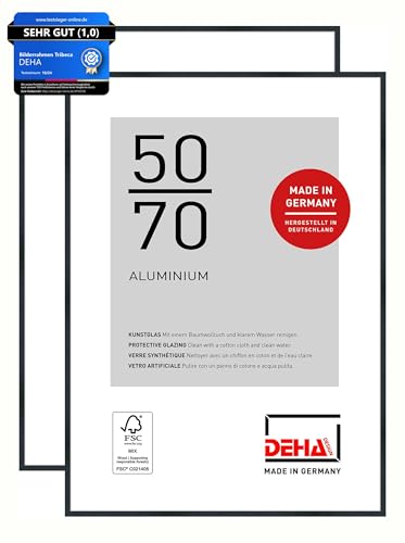 DEHA Design Bilderrahmen, 50 x 70 cm (2er Set), Aluminium, Schwarz matt, Posterrahmen zum Aufhängen im Hoch- & Querformat, bruchsicheres Kunstglas, Tribeca von DEHA Design