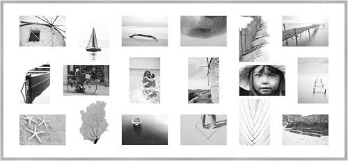 DEHA Design Bilderrahmen Tribeca Collage, 109,2 x 49,5 cm, Struktur Silber Matt, Aluminium, für 18 Fotos 10x15 cm, bruchsicheres Acrylglas, Hoch- und Querformat, stabile Rückwand von DEHA Design