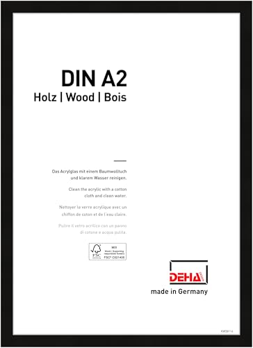 DEHA Design Bilderrahmen Fontana, 29,7 x 42 cm (A3), Schwarz, Holz, für Poster und Bilder, bruchsicheres Acrylglas, Hoch- und Querformat, stabile Rückwand von DEHA Design