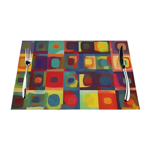 Abstrakte Kunst Quadrate Tischsets Set von 4 Stück, hitzebeständige rutschfeste Tischsets für Esstisch, waschbar, langlebig, PVC-Vinyl, gewebte Tischmatten von DEHIWI