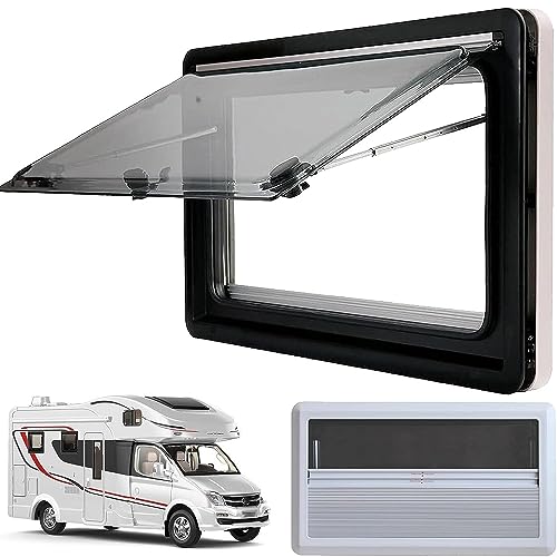 DEHIWI Ausstellfenster Seitenfenster Wohnmobilfenster Acryl-Doppelglas Camper Wohnwagen Schiebefenster RV Externes Push Fenster,70° Öffnungswinkel inkl. Fliegengitter & Verdunklung,350mm*280mm von DEHIWI
