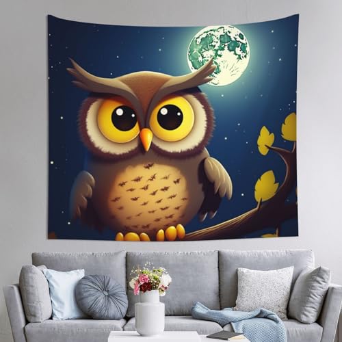 DEHIWI Wandteppich Eule und gelber Mond, leicht, weich, für Schlafzimmer, Wohnzimmer, Schlafsaal, 150 x 130 cm von DEHIWI
