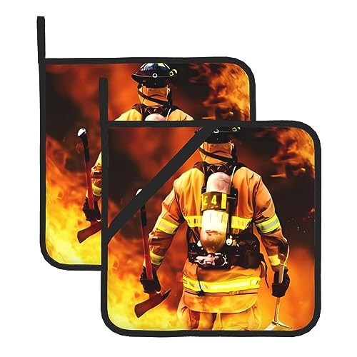 Feuerwehr Feuerwehrmann Flamme Topflappen Set 2 für Küche, waschbar, hitzebeständig, Topflappen, Hot Pads oder Küche Kochen Backen Mikrowelle BBQ von DEHIWI