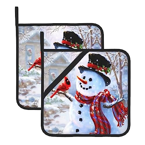 Frohe Weihnachten Schneemann und Vogel Topflappen Set 2 für Küche, waschbar, hitzebeständig, Topflappen, Hot Pads oder Küche Kochen Backen Mikrowelle BBQ von DEHIWI