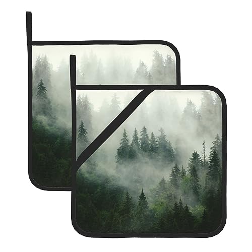 Green Tree Misty Landschaft Topflappen Set 2 für Küche, waschbar, hitzebeständig, Topflappen, Hot Pads oder Küche Kochen Backen Mikrowelle BBQ von DEHIWI