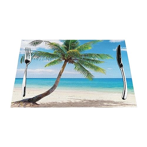 Palme Bright Seascape Tischsets Set von 4 Stück, hitzebeständige, rutschfeste Tischsets für Esstisch, waschbar, langlebig, PVC-Vinyl, gewebte Tischsets von DEHIWI