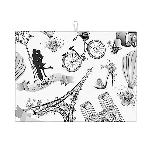 Romantisches Abtropfmatte aus Mikrofaser, Motiv: Paris Schmetterling und Eiffelturm, super saugfähig, weiches Abtropfpad mit Aufhängeschlaufe für Geschirr, Glas, 46 x 61 cm, 2 Stück von DEHIWI