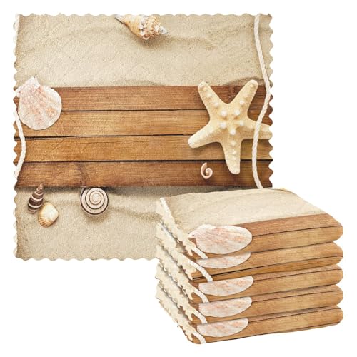 DEHOZO Geschirrtücher für die Küche, 6 Stück, Holz, Muscheln, Seestern, Strand, saugfähiges Reinigungstuch, 27,9 x 27,9 cm, schnell trocknend, Küchentücher, Geschirrtücher, weiche Geschirrtücher, von DEHOZO