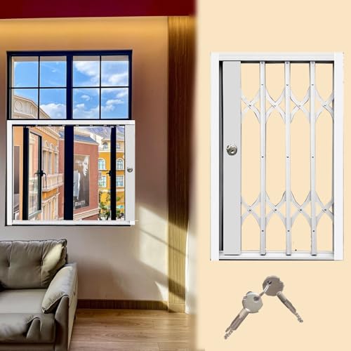 DEHUDEOUHS Sicherheitsgitter für Innenfenster mit Schlüssel, vertikales Faltschiebefenster aus Aluminiumlegierung, weißes einbruchsicheres Fensterzaunnetz für Schlafsäle (60 cm x 70 cm) von DEHUDEOUHS