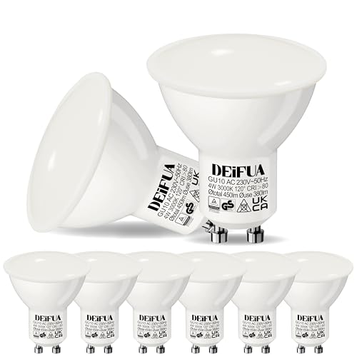 DEIFUA GU10 LED Warmweiss 4W Ersetzt 50W Halogen Leuchtmittel, 6er-Pack. 450 Lumen 3000K Birnen, Mattierter Spritzschutz Keine Blendung Strahler, Flimmerfrei Augenschutz Nicht Dimmbar Reflektorlampen von DEIFUA