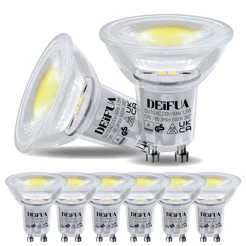 DEIFUA 6er-Pack GU10 LED Lampe Tageslichtweiß 5000K 3.5W 385 Lumen Ersetzt 50W Halogen Leuchtmittel, Nicht Dimmbar Reflektorlampen, Flimmerfrei Strahler, Abstrahlwinkel 360° Birnen, 38° Spot von DEIFUA