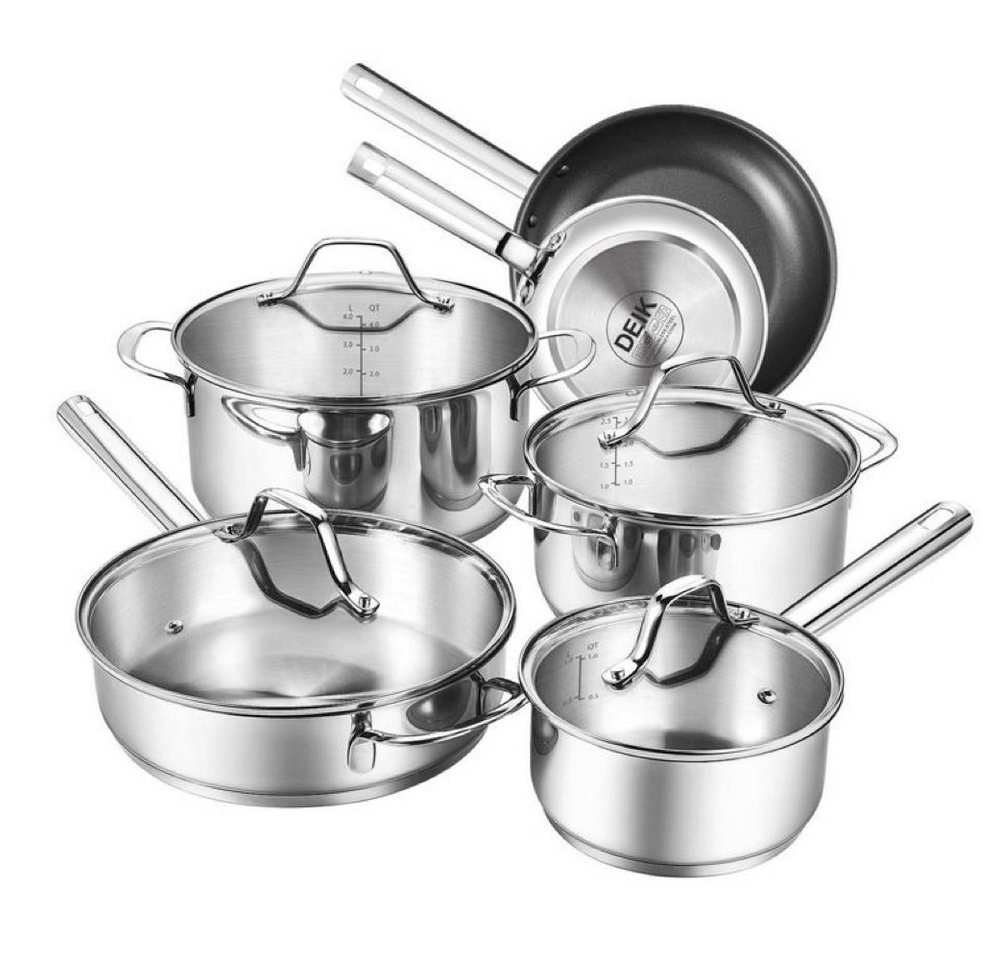 DEIK Topf-Set Kochtopf Set Kochgeschirr Pfannenset, Edelstahl (Set, 10-tlg., 4 Töpfe (4L, 2,5L, 2L, 1L), 4 Glasdeckel, 2 Bratpfannen (20, Ø24cm), mit Glasdeckel, Induktionsgeeignet von DEIK