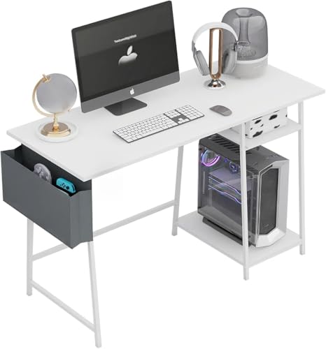 Computer Desk, 80cm Gaming Desks, Office Laptop Table, Study Tables with Metal Frame, Wood with Floating Shelves, for Bedroom, Living Room, White Computer Desk, 80cm Gaming Desks, Office Laptop Table, Study Tables with Metal Frame, Wood with Floating Shelves, for Bedroom, Living Room, White von DEILALY