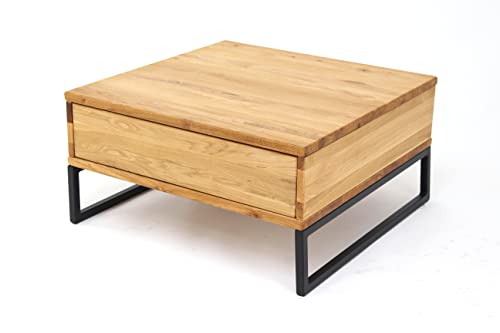 DEINE TANTE EMMA 2139 Couchtisch Hugo II Wohnzimmertisch Eiche massiv/Schwarz Metall mit Schublade ca. 65 x 34 x 65 cm von DEINE TANTE EMMA