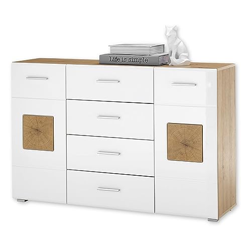 DEINE TANTE EMMA 36-191-T2 Georgia Artisan Eiche Nb. / Weiß Hochglanz Kommode Sideboard Beistellkommode mit Schubladen und 2 Türen ca. 140 x 92 x 40 cm von Stella Trading