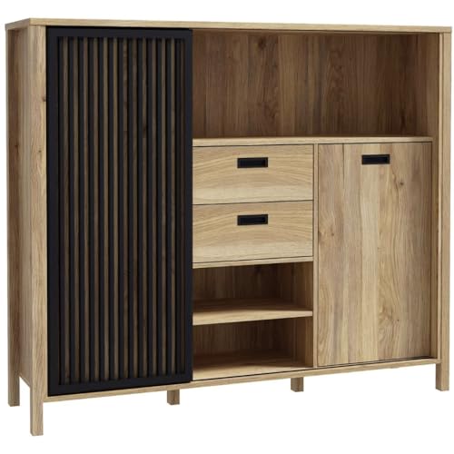 Forte JYTANA Schrank 150, skandinavischer Schrank mit 2 Schubladen und Schranktüren und 3 Regalfächern, Mauvella Eiche Holzdekor/Schwarz, 149,9 cm breit x 129,9 cm hoch x 40,2 cm tief von Forte