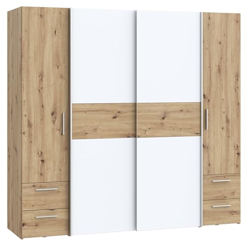 FORTE Möbel Kapaza klassischer Kleiderschrank 200, Dreh-,Schwebetürenschrank mit 4 Schubladen, Holzwerkstoff, Artisan Eiche, Weiß, 200,1 cm breit, 190,5 cm hoch, 61,2 cm tief von Forte