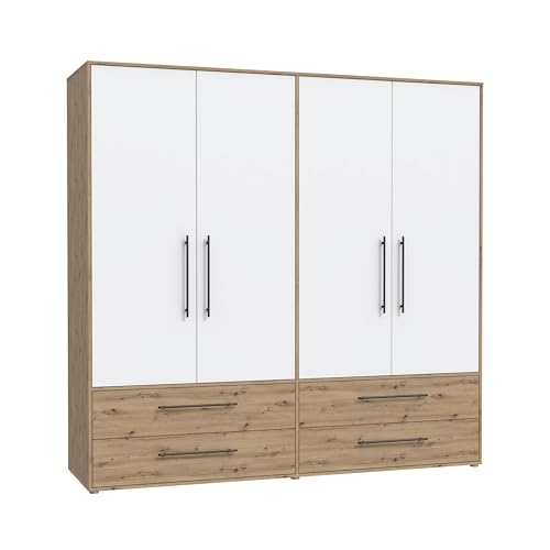 FORTE Jupiter Schrank 200 210, weißer Kleiderschrank, Drehtürenschrank, 4-türig, mit 2 Schubladen und Einlegeböden, Weiß mit Holz Dekor: Artisan Eiche, 206 cm breit x 59 cm tief x 200 cm hoch von Forte