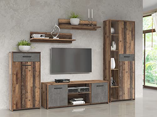 FORTE Pablo Wohnwand 270 280, Moderne Wohnwand mit 1 Schublade, Schrankwand, Holzwerkstoff, Old-Wood Vintage Holzdekor/Betonoptik Dunkelgrau, 277,4 cm breit x 182,9 cm hoch x 39,5 cm tief von Forte