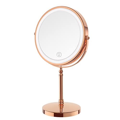 DEIOVWXS LED beleuchteter Schminkspiegel mit Ständer, doppelseitiger Schminkspiegel, Roségold von DEIOVWXS