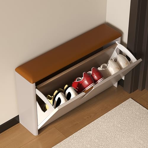 DEJIKOKU Schuhaufbewahrungsbank mit Klappschublade, Eingangsbank mit Kissen, verstellbare Regale, Schuhschrank für Flur(Khaki,80x17x47cm) von DEJIKOKU