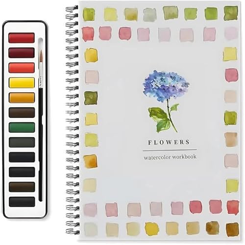 DEJIN Aquarellbuch-Set, Aquarell-Arbeitsbuch, 12 Farben, Aquarell-Arbeitsmappen-Set mit Pinsel, kreatives Erkundungs-Malset, Kunst und Handwerk, Geschenk für Teenager, Erwachsene (Blumen) von DEJIN