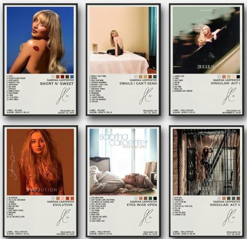 DEJIN - Sabrina Carpenter-Poster (Set mit 6 Stück) Albumcover, signierte limitierte Auflage, Leinwand, Musikposter für Wohnzimmer, Flur, Küche, Heimbüro, Schlafzimmer, 20 x 30 cm, Stil 4 von DEJIN