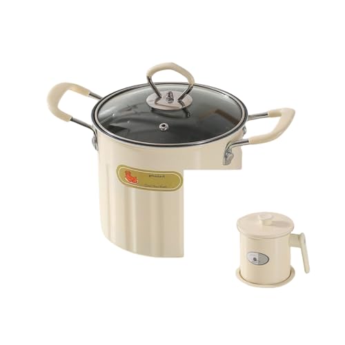Multifunktionaler Fritteusentopf und Fettbehälter mit Sieb, Edelstahl-Frittiertopf mit Frittierkorb und Deckel, Edelstahl-Fettbehälter (Beige, 2 Stile) von DEJIN