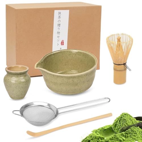 Premium Matcha-Teeset Mit Bambusbesen, Keramikschale, Schaufel Und Halter – Komplettes Matcha-Zubereitungsset for Die Traditionelle Japanische Teezeremonie – Geschenkset for Anfänger Und Liebhaber von DEJIN