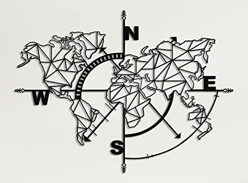 DEKADRON Metall-Weltkarte, Wandkunst, geometrischer Kompass, Metall-Wanddekoration, Kunstwerk, Metallschild, Metallkunst, Wanddekoration, Heimdekoration (schwarz, 101 x 76 cm) von DEKADRON